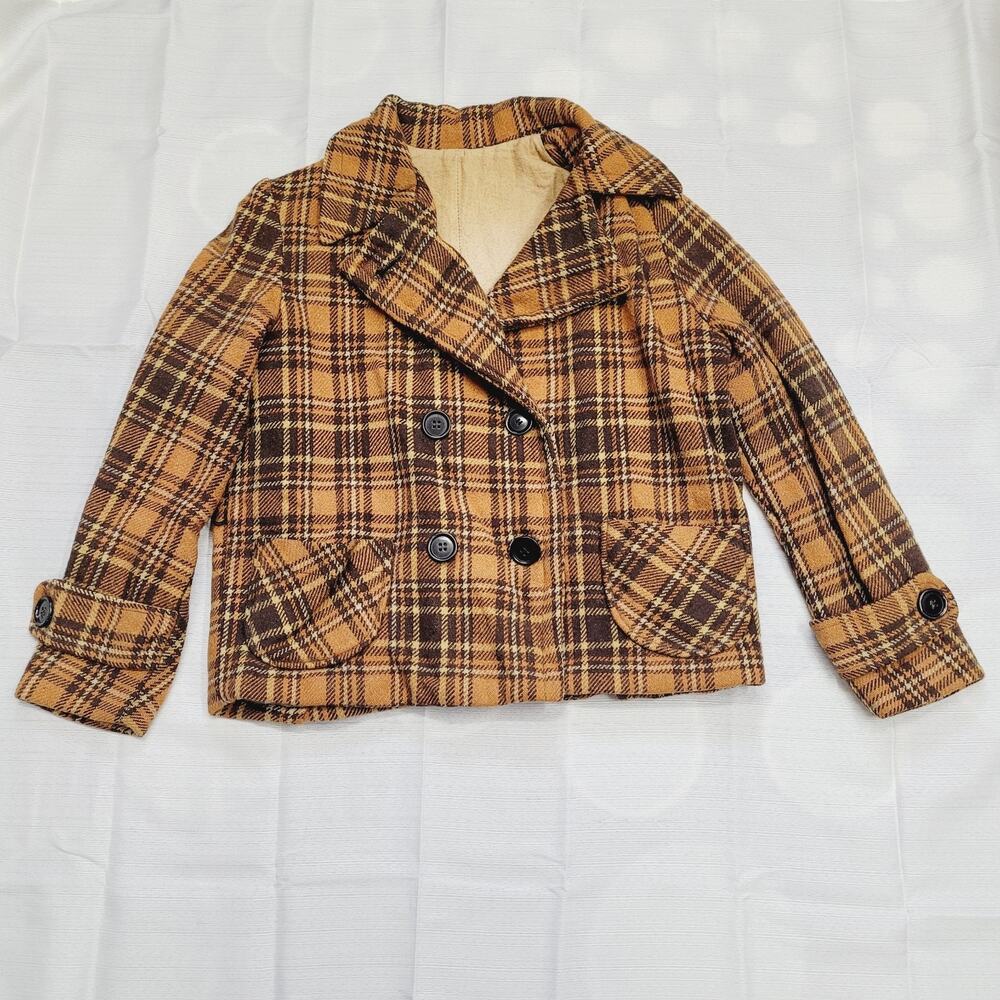 Hand Made Altered Vintage Orange Brown Plaid Crop Flannel Jacket Cropped Coat